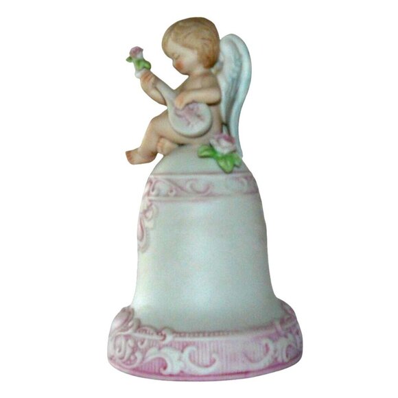 Bisque Porcelain Angel Music Box "Love Me Tender" Bell Pink Heart Enesco Vintage - Picture 5 of 9